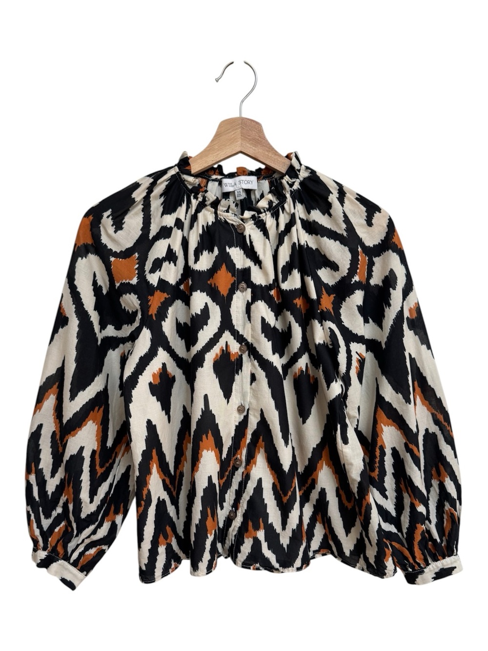 Willa Story Ikat Print Peasant Blouse Top Women’s XS Bold Boho Balloon Sleeve